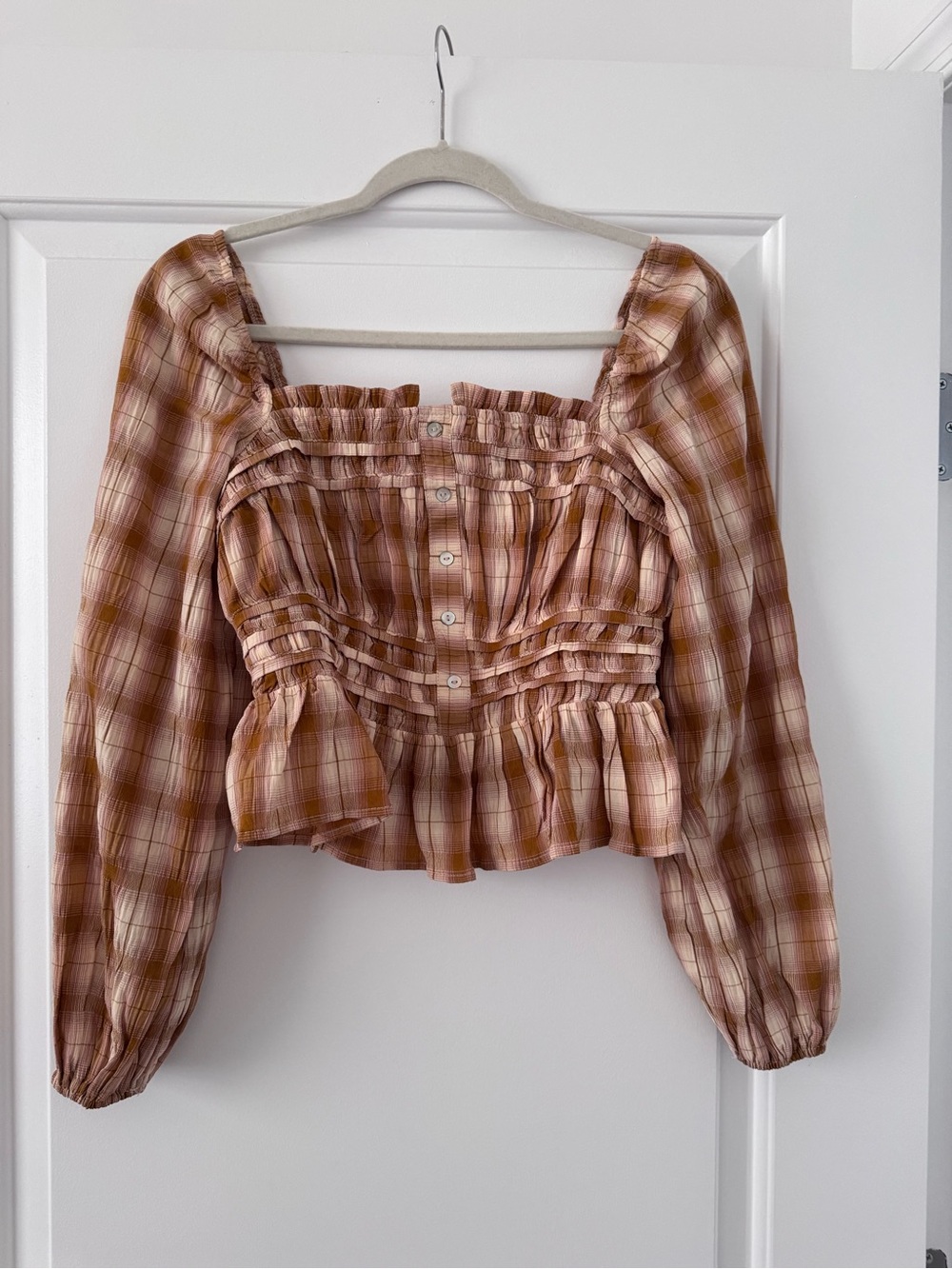 NWOT bohme Plaid Smocked Crop Top - Rust Pink